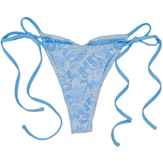 White Lace with Blue side ties and a. scrunch bum for the perfect bikini bottom 