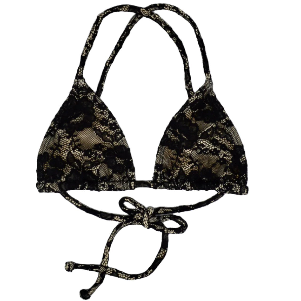 Black Lace Bikini with sand colored backing, cross back and ties. adjustable under bust. gresat triangle top for large busts