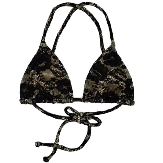 Black Lace Bikini with sand colored backing, cross back and ties. adjustable under bust. gresat triangle top for large busts